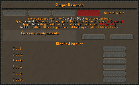 Arkenor Slayer Rewards interface showing the current assignment and blocked task slots